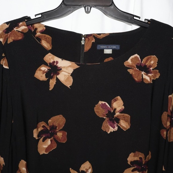 VTG Tommy Hilfiger Midi Dress Sz 16 3/4 Bell Sleeves Brown Floral Hidden Zipper - Picture 13 of 13